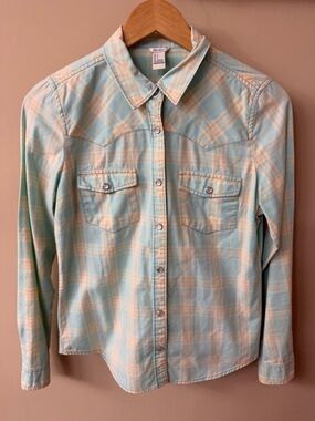 Pearl Snap Western Wear Button Down Cowgirl Shirt - Forever 21 Sz S Teal Yellow